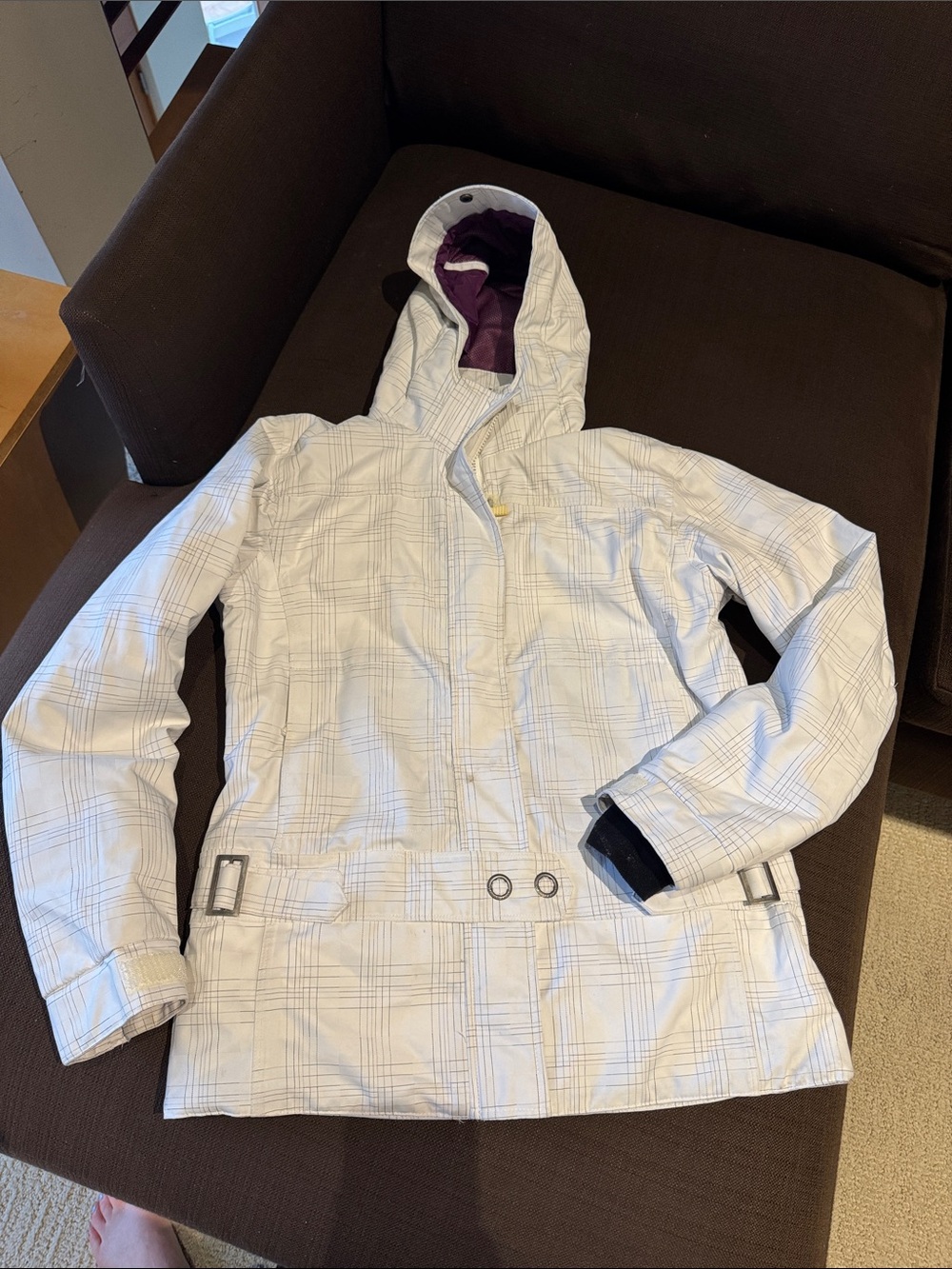 White Plaid Hooded Ski Jacket with Purple Lining